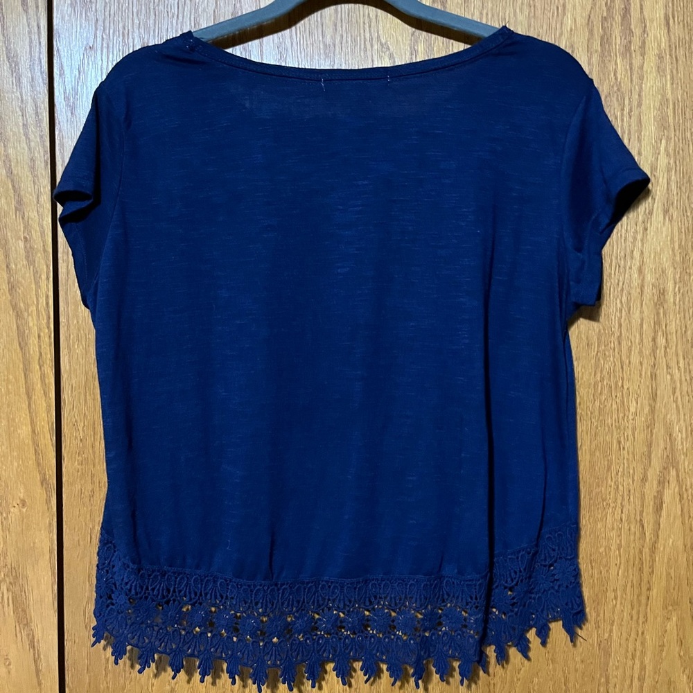 Navy Blue Top with a Grateful Dead Bear Design and Lace Hem - Picture 3 of 3